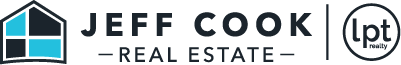 Jeff Cook Real Estate logo with blue house icon and LPT Realty logo on the right