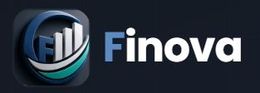 Logotipo de Finova con un icono circular estilizado en tonos azul grisáceo y la palabra «Finova» sobre un fondo oscuro