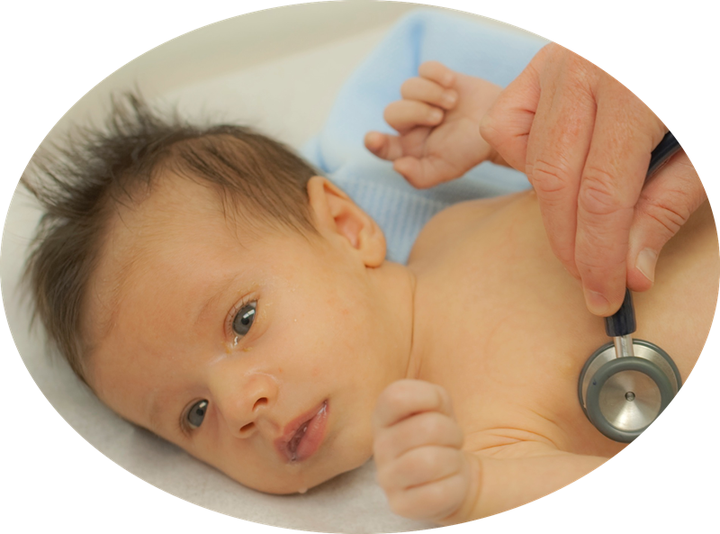A baby is being examined by a doctor with a stethoscope