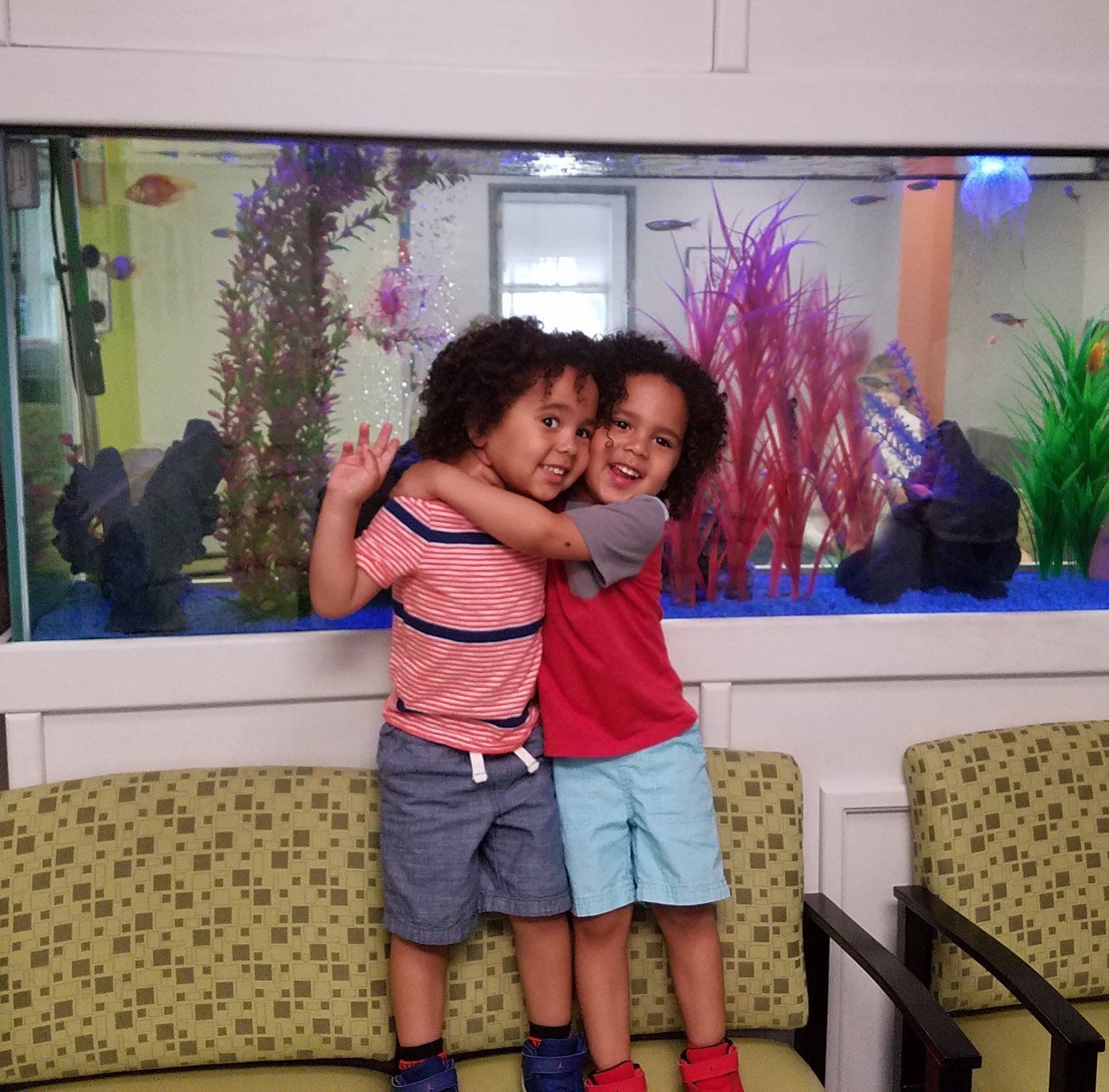 Two young children hugging in front of an aquarium
