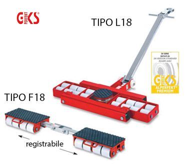 Carrello portabagagli rosso e bianco con maniglia, mostrato nelle versioni lunga e regolabile denominate TIPO L18 e TIPO F18.