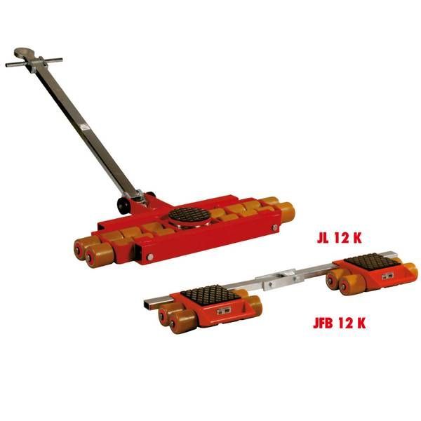 Cric industriale rosso e arancione con maniglia lunga, mostrato in due misure denominate JL 12 K e JFB 12 K