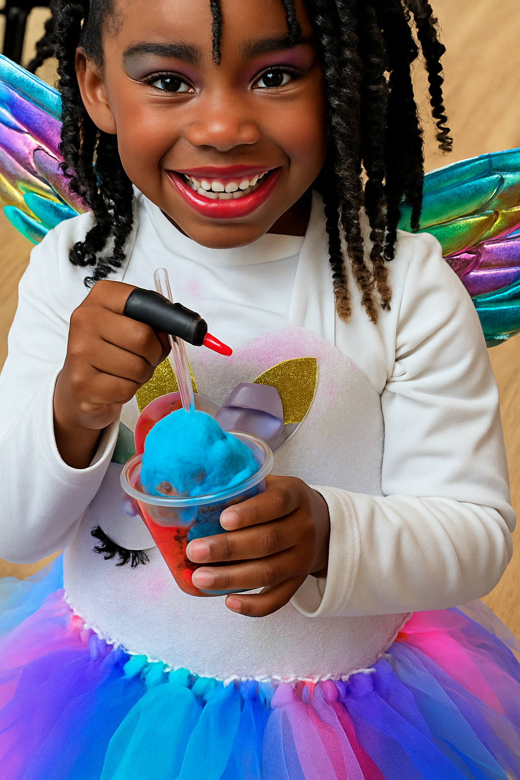 Girl in unicorn outfit smiles, holding a cup of colorful treat, a black pen in hand.