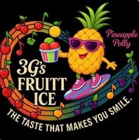 Pineapple mascot surfing on musical notes, holding fruit ice cream.