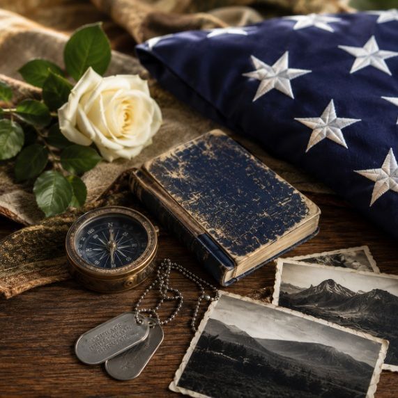 Folded American flag with family keepsakes honoring a loved one in Walla Walla, WA.