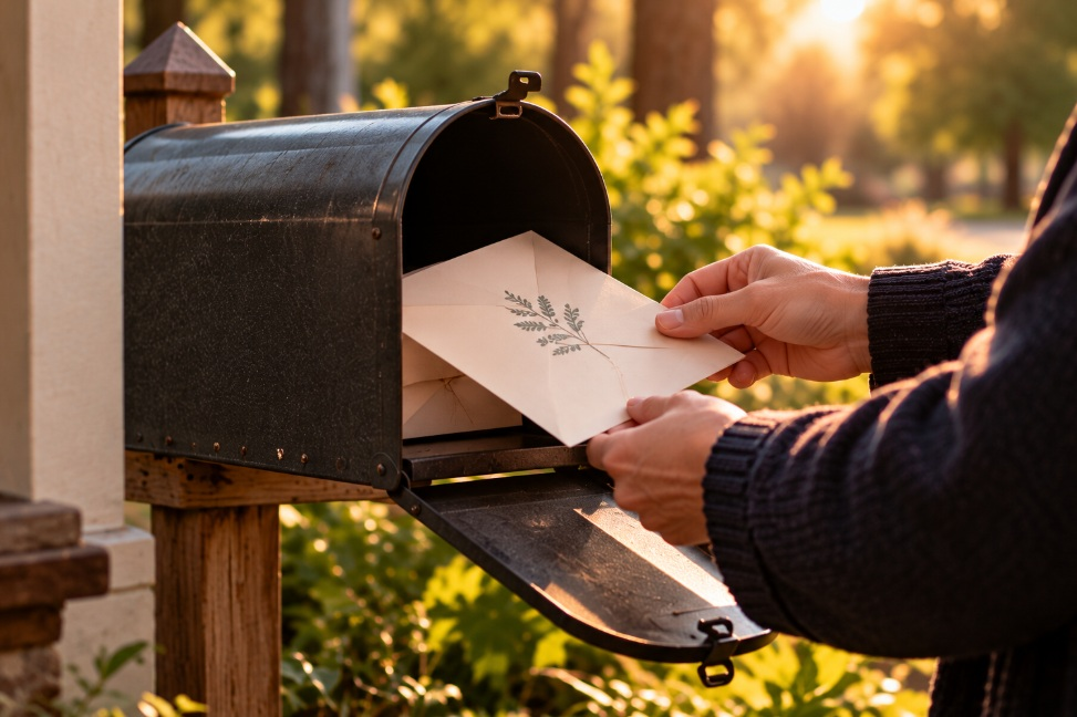 Person placing a sympathy card in a mailbox in Dayton, WA.