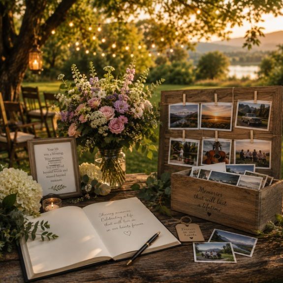 Memory table with photographs and flowers for a personal farewell in Walla Walla, WA.