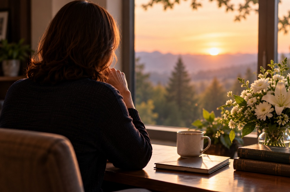 Woman reflecting beside flowers and a window in Milton-Freewater, OR.