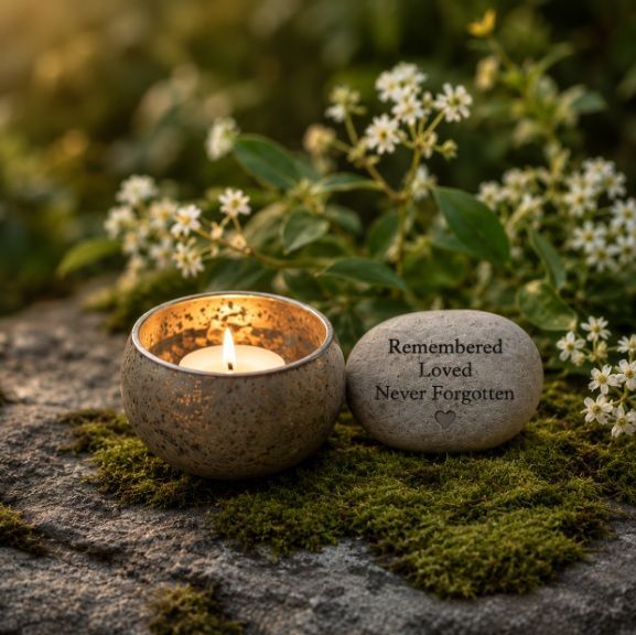 Memorial candle and remembrance stone surrounded by flowers in Dayton, WA.
