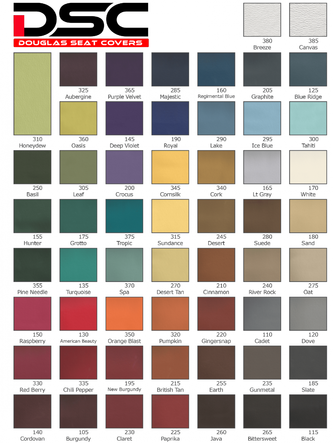 DSC seat cover color chart with many fabric swatches and labeled shades