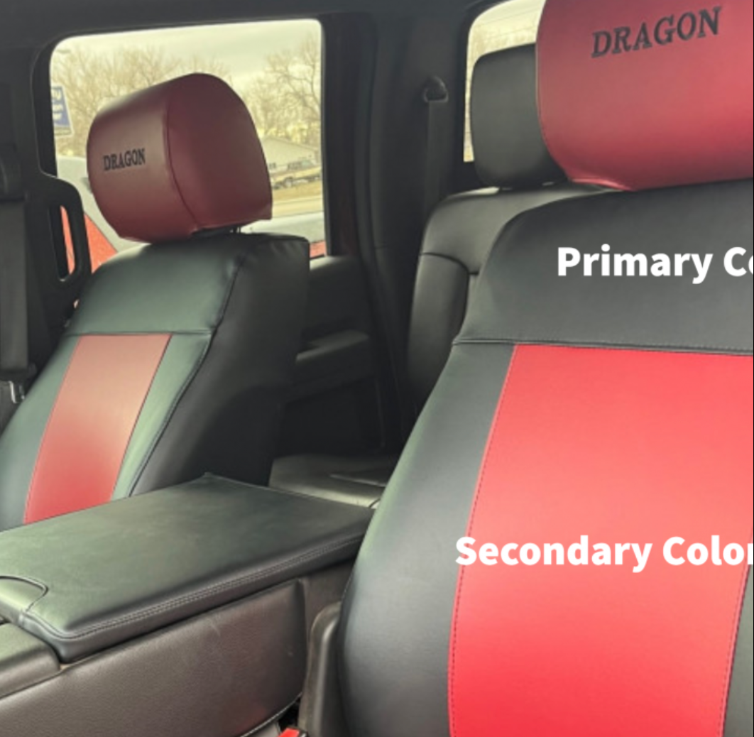 Custom black-and-red car seats inside a vehicle, with “Primary Color” and “Secondary Color” labels.