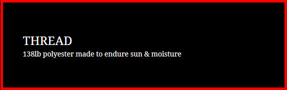 Black promo banner with red border reading “THREAD” and “138lb polyester made to endure sun & moisture”