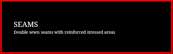 Black slide with red border and white text: “SEAMS” and “Double seam seams with reinforced stressed areas.”