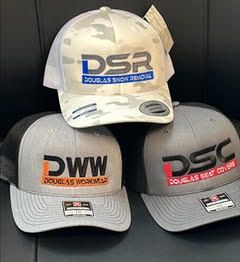 Three DSR/DWW logo baseball caps, white and gray, displayed side by side.