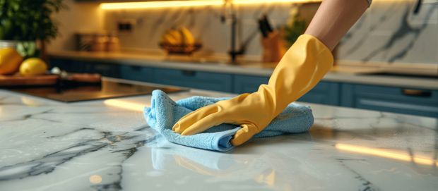 Gloved hand wiping a marble countertop with a blue cloth beside a kitchen sink