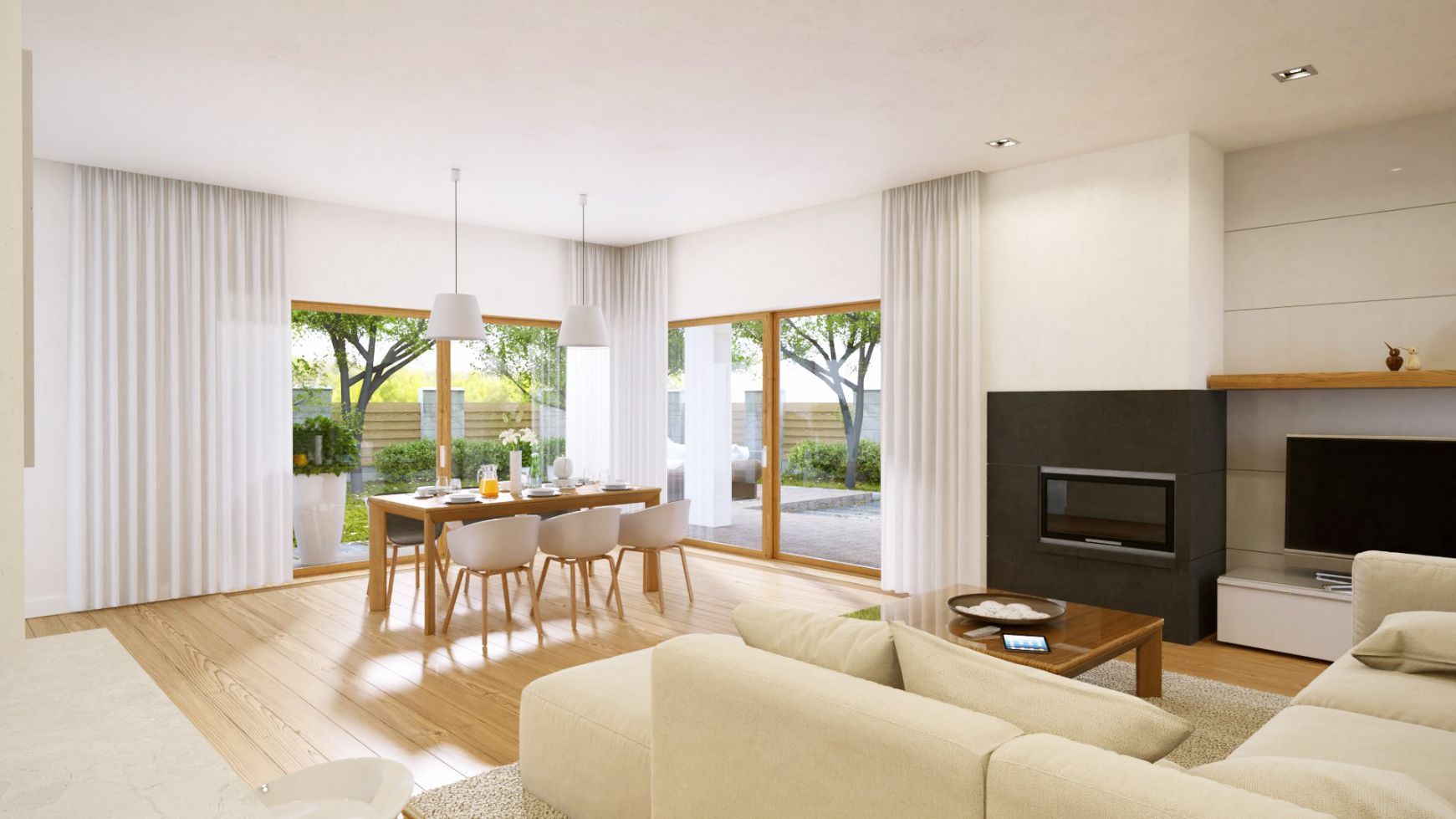 A Living Room And Dining Room In A House With Curtains — TT Shutters & Shading In Ballina, NSW