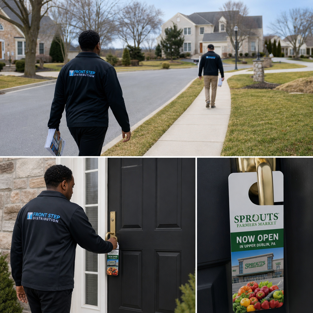 “Collage of Front Step Distribution workers on a residential route and a Sprouts Farmers Market ‘Now Open’ door hanger in Upper Dublin.”