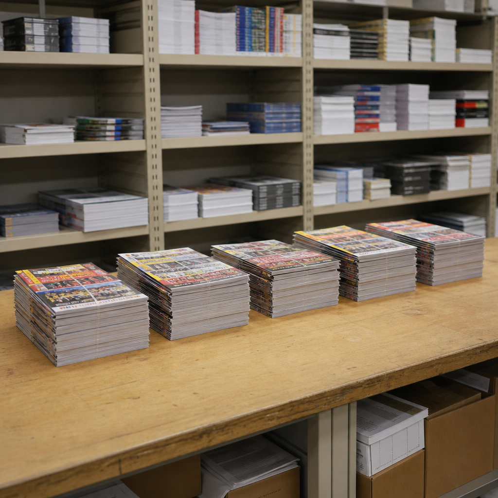 “Stacks of small business advertising flyers on a worktable for Front Step Distribution’s basic door-to-door delivery service.”