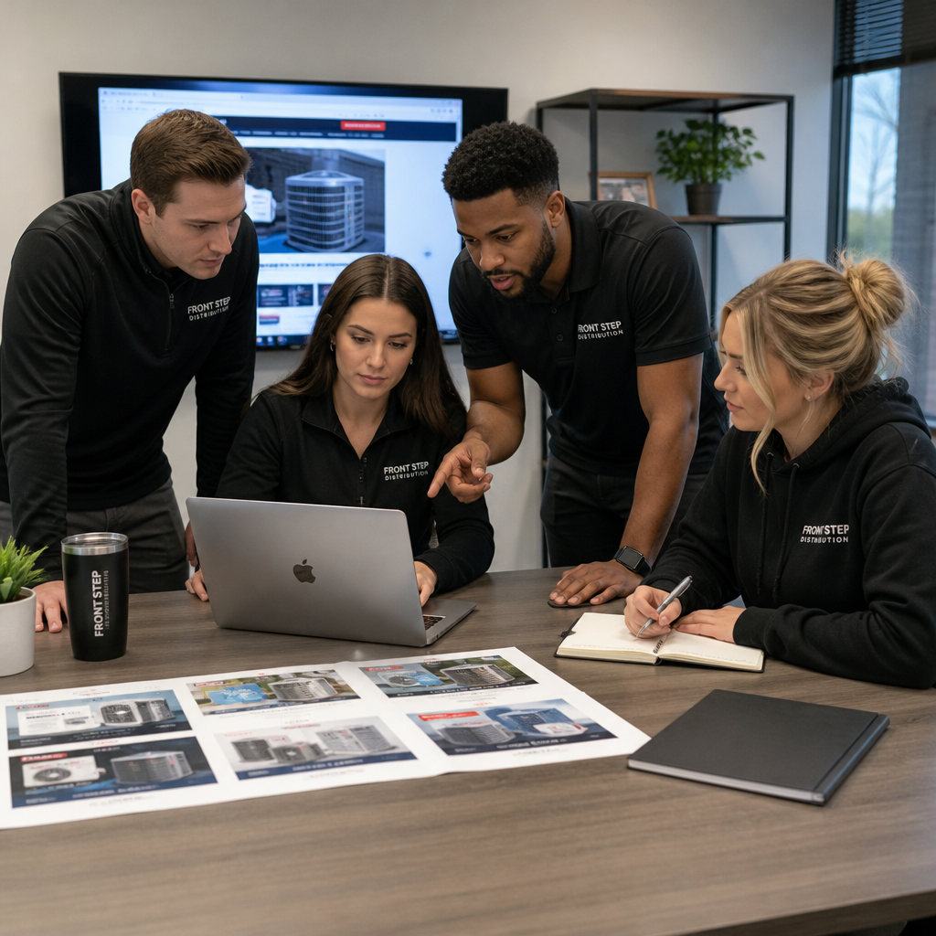 “Four Front Step Distribution team members gathered around a laptop with printed advertisements and a notebook on an office table.”
