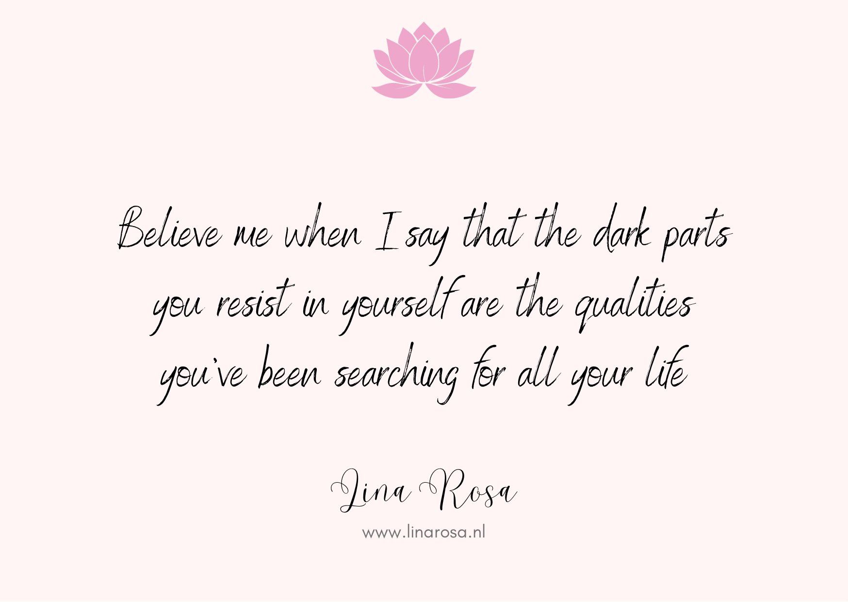 A quote in elegant script against a pale pink background with a lotus icon: 