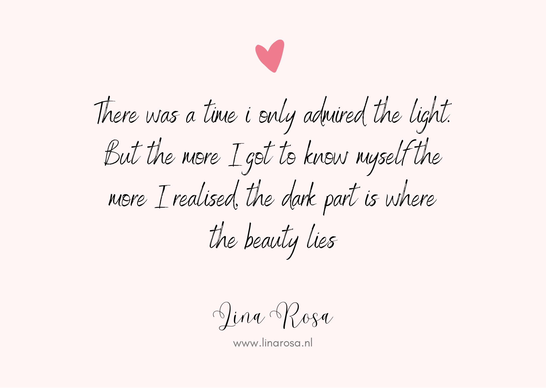 A pale pink background features a small red heart and a quote about self-discovery and inner beauty by Gaea Rose.