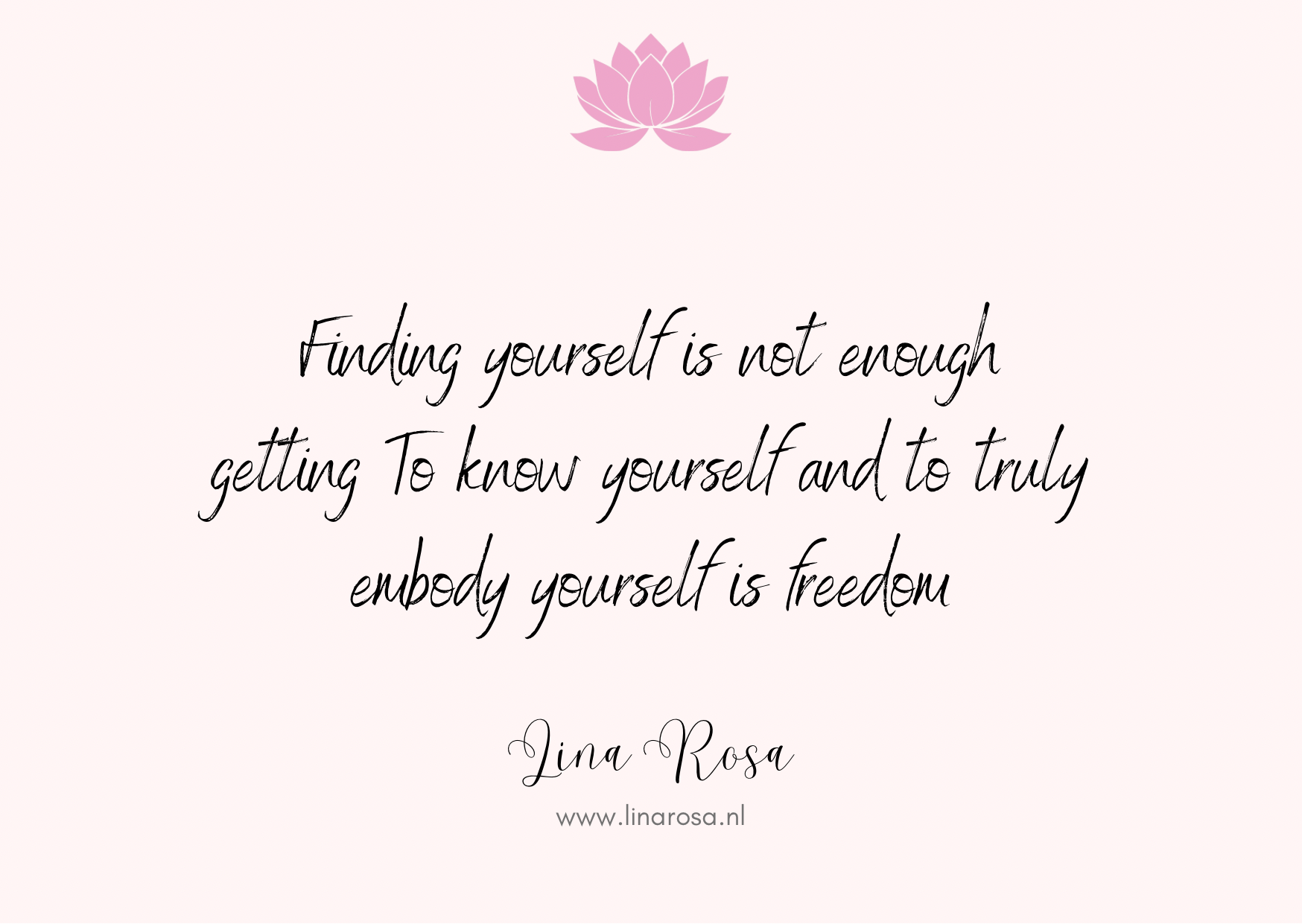 A pale pink graphic featuring a lotus icon and the quote: 