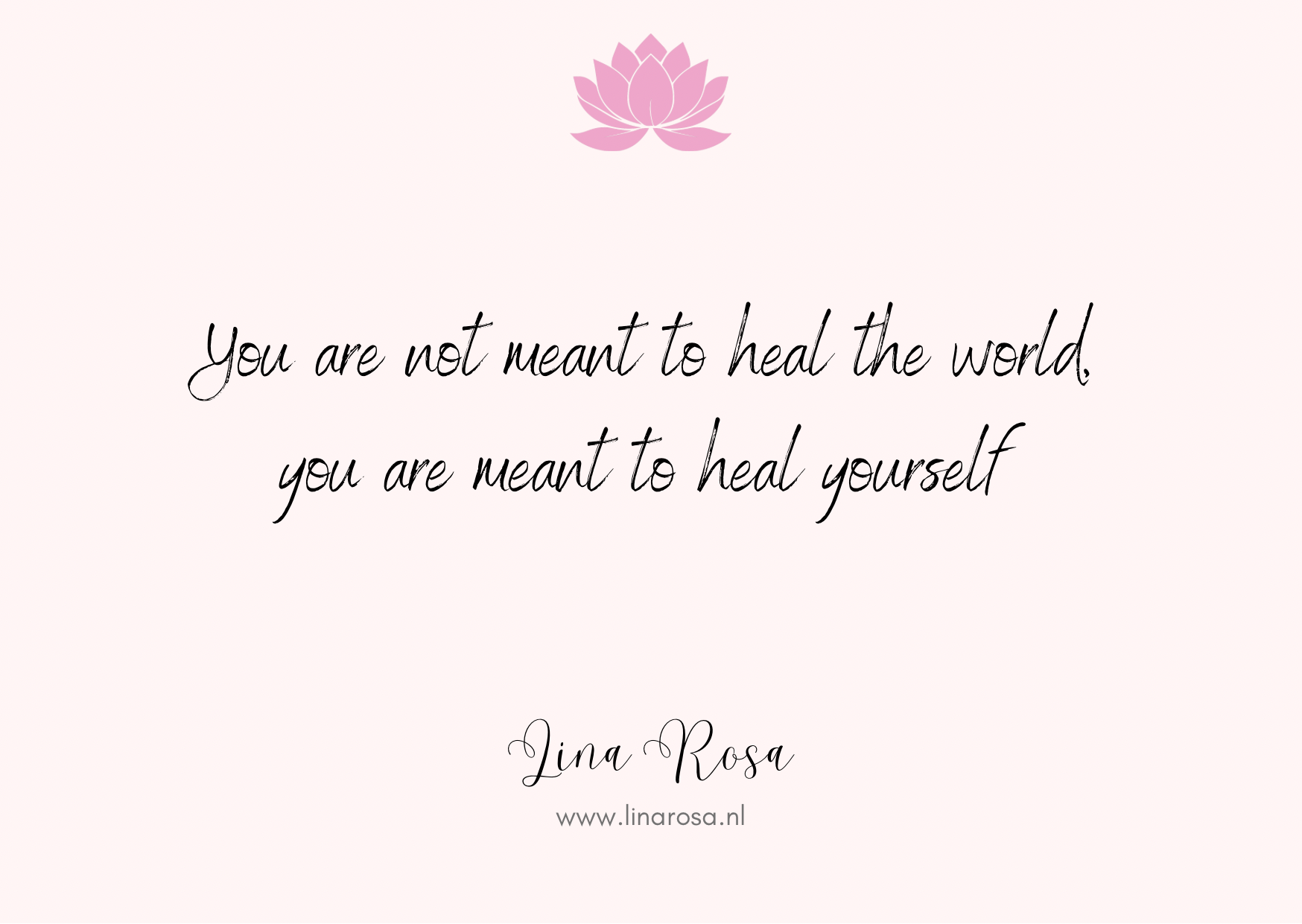 A pale pink background features a lotus icon, the quote 