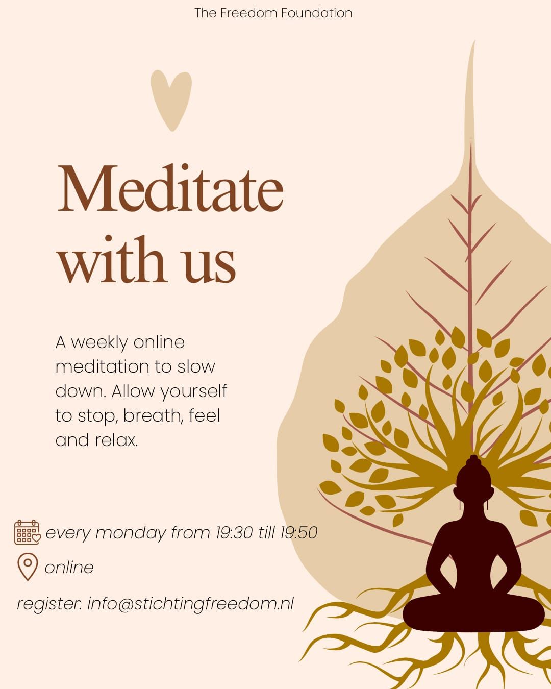 A flyer for online meditation sessions, featuring a silhouette of a person meditating beneath a large leaf design.