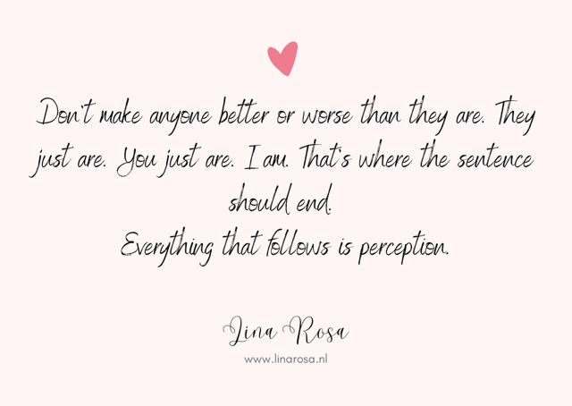 A pale pink background features a small red heart and inspirational text by Line Rose about perception.