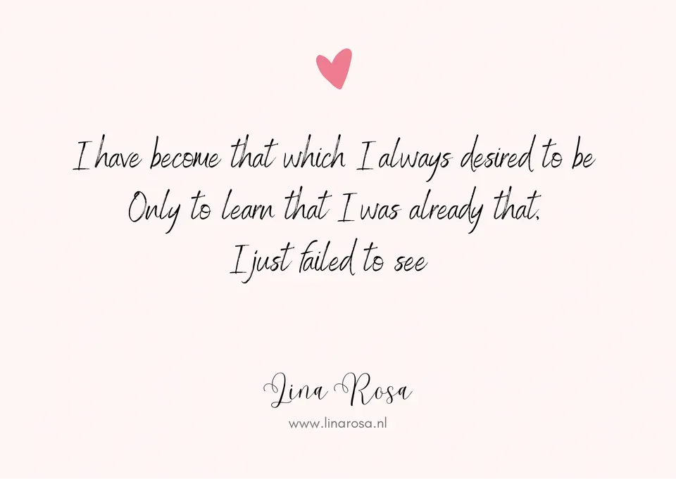 An inspirational quote against a pale pink background with a small pink heart above the text, signed by Jina Rose.