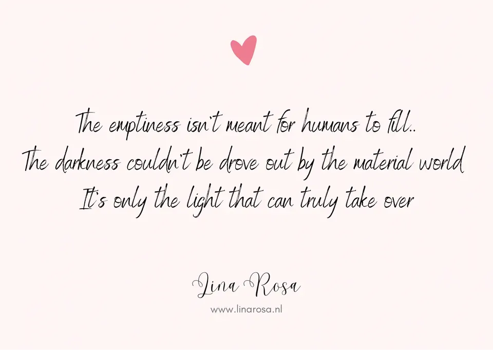 A pale pink background features a small red heart and a quote by Jina Rose about light overcoming darkness.