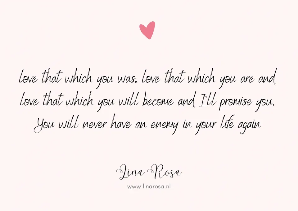 A pale pink background features a small heart icon above a quote by Gina Rose: 