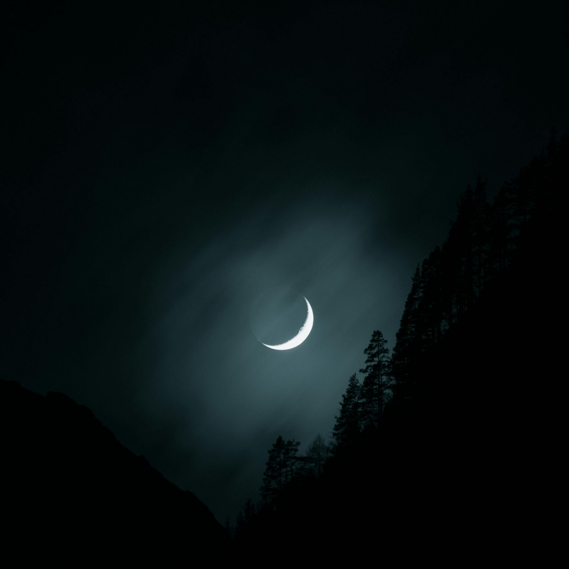 A crescent moon glowing against a dark, cloudy night sky, framed by the silhouettes of trees and mountains.