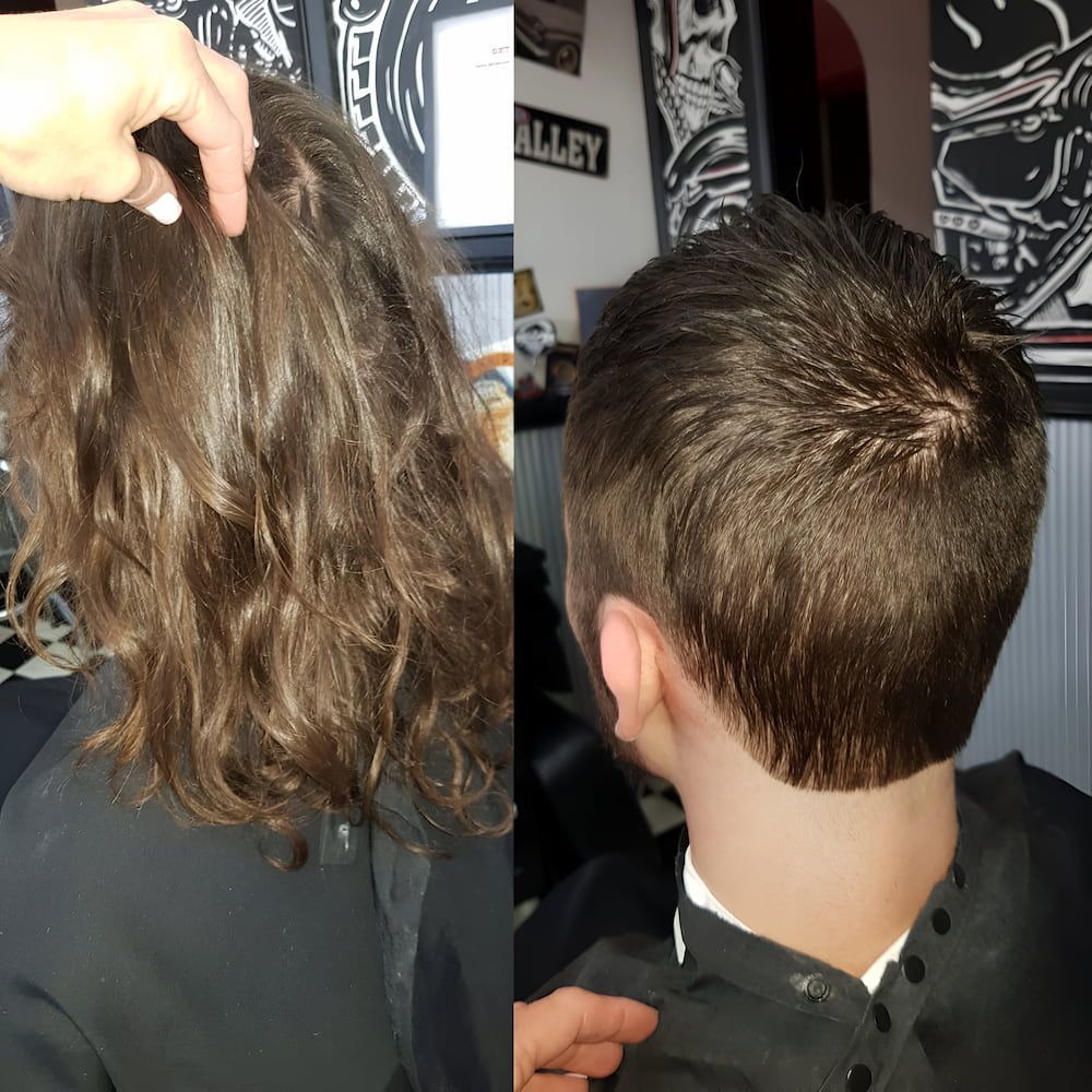 A Before And After Picture Of A Person Getting Their Hair Cut — The Barber Social In Raymond Terrace, NSW