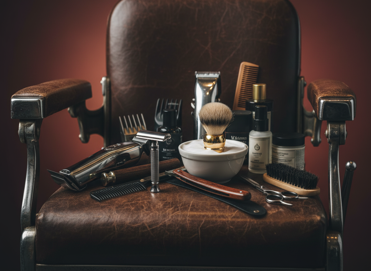 Assortment of Professional Barber Tools Arranged on A Leather Chair — The Barber Social In Raymond Terrace, NSW