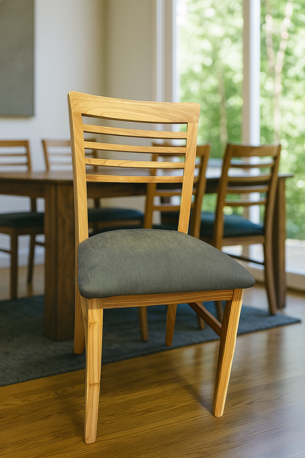 Una silla de comedor de madera clara con asiento tapizado en gris se encuentra en un comedor con una mesa y sillas a juego.