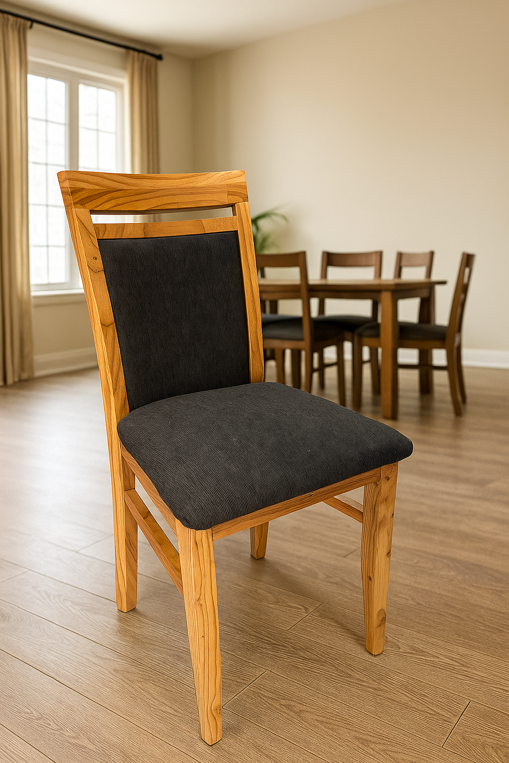 Una silla de comedor de madera con asiento y respaldo tapizados