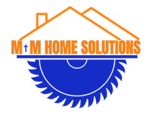 Logo for M + M Home Solutions featuring an orange house outline, orange text, and a blue saw blade.