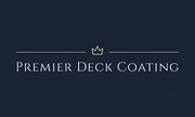 Premier Deck Coating logo on a dark blue background with a small crown icon and thin gold lines
