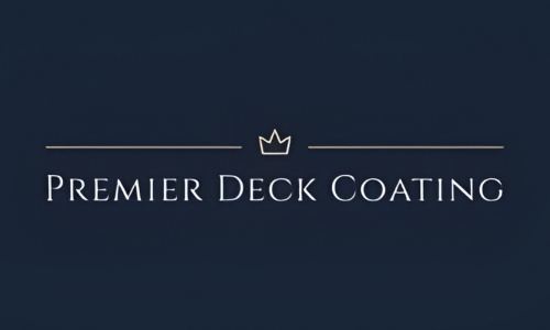 Premier Deck Coating logo on a dark blue background with a small crown icon and thin gold lines
