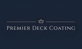 Premier Deck Coating logo on a dark blue background with a small crown icon and thin gold lines