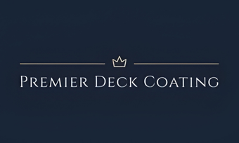 Premier Deck Coating logo on a dark blue background with a small crown icon and thin gold lines