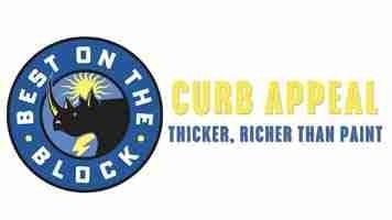Best on the Block curb appeal logo with a blue circular emblem and yellow “CURB APPEAL” text, tagline “Thicker, richer than paint”