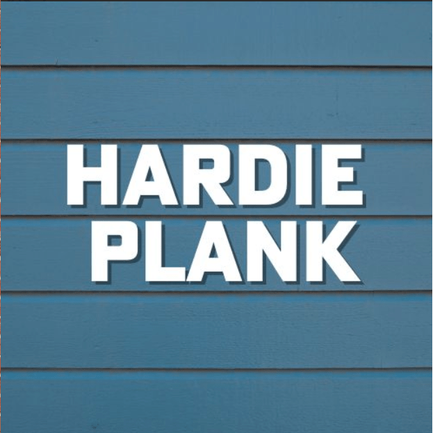 White “HARDIE PLANK” text on a blue siding background.