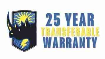Black shield logo with yellow lightning bolt and “25 YEAR TRANSFERABLE WARRANTY” text