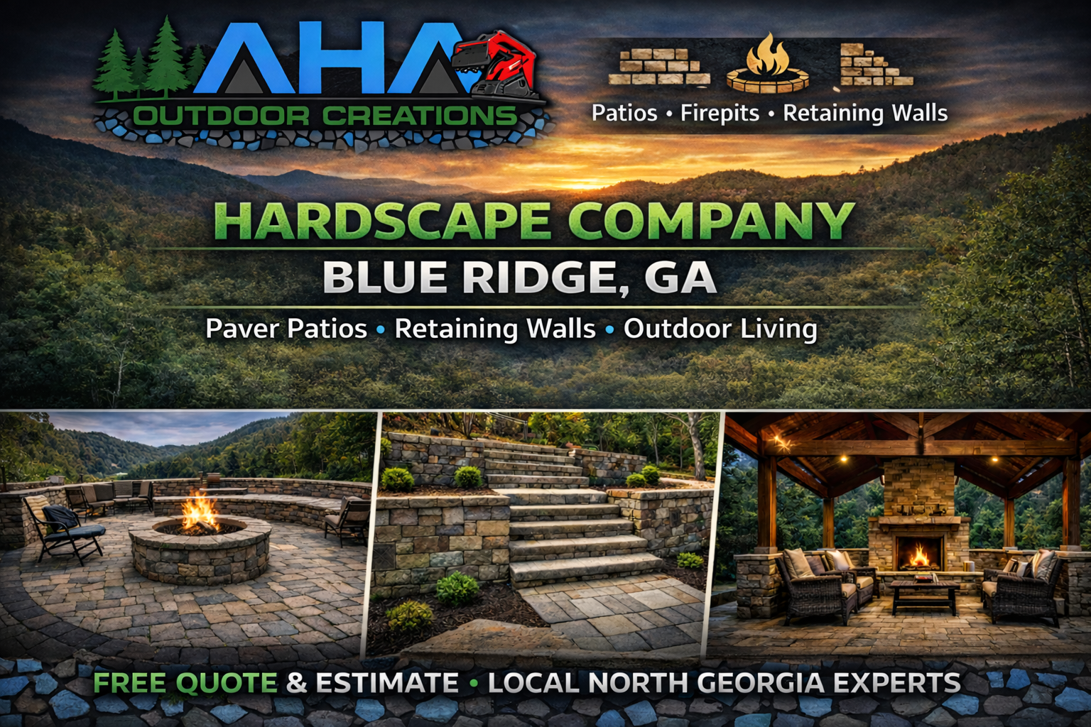 Ad for a hardscape company in Blue Ridge, GA: paver patios, retaining walls, and outdoor living.