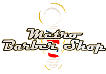 Logo for Metro Barber Shop featuring the text in a stylized brown font over a red, white, and blue barber pole graphic.