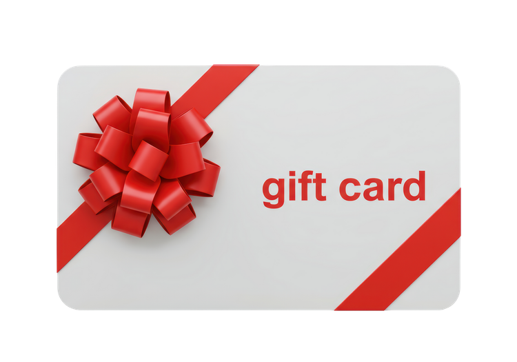 Gray gift card with red ribbon bow and diagonal red stripes