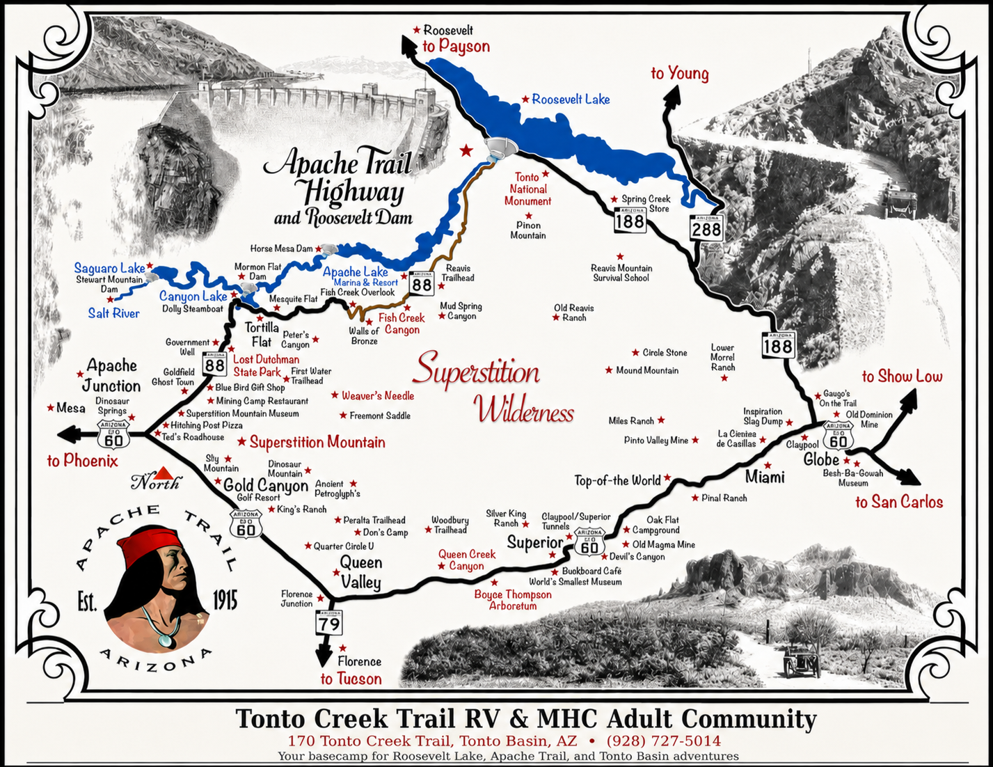 Illustrated map of Apache Trail and Tortilla Flat with routes, landmarks, and mountains.