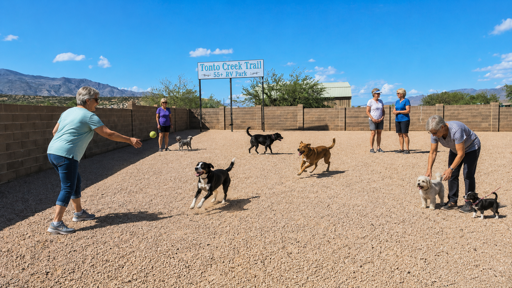 People playing with dogs in a gravel dog park under a bright blue sky